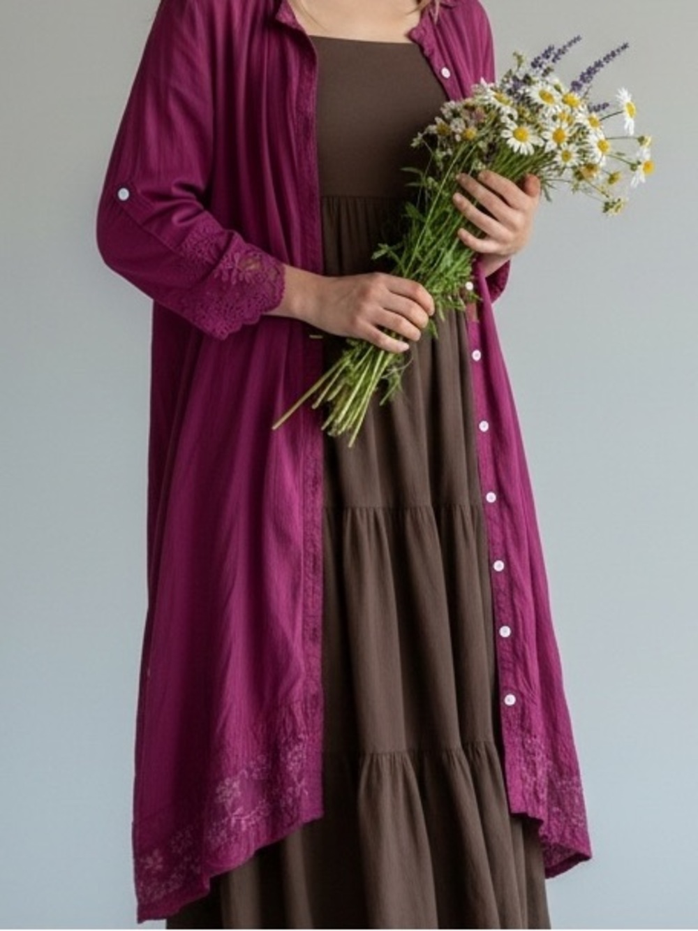 100% Cotton Burgundy Lace Crochet Dress Jacket Duster Romantic Vintage Inspired